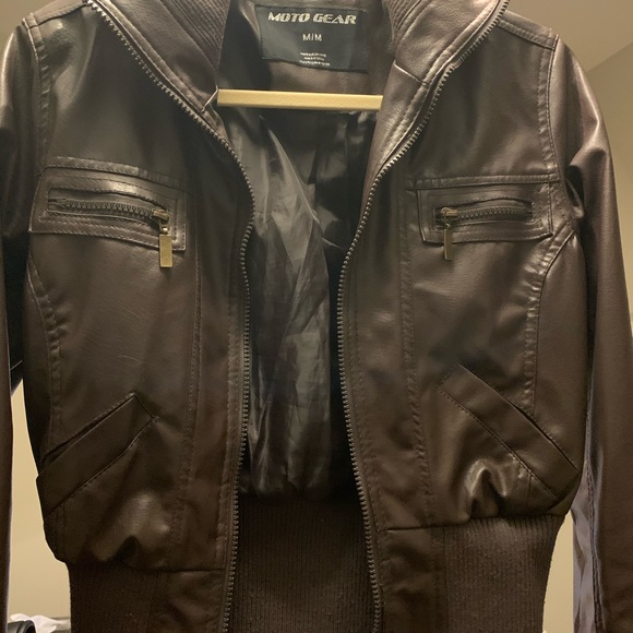Size M chocolate brown faux leather moto jacket. - Picture 2 of 9